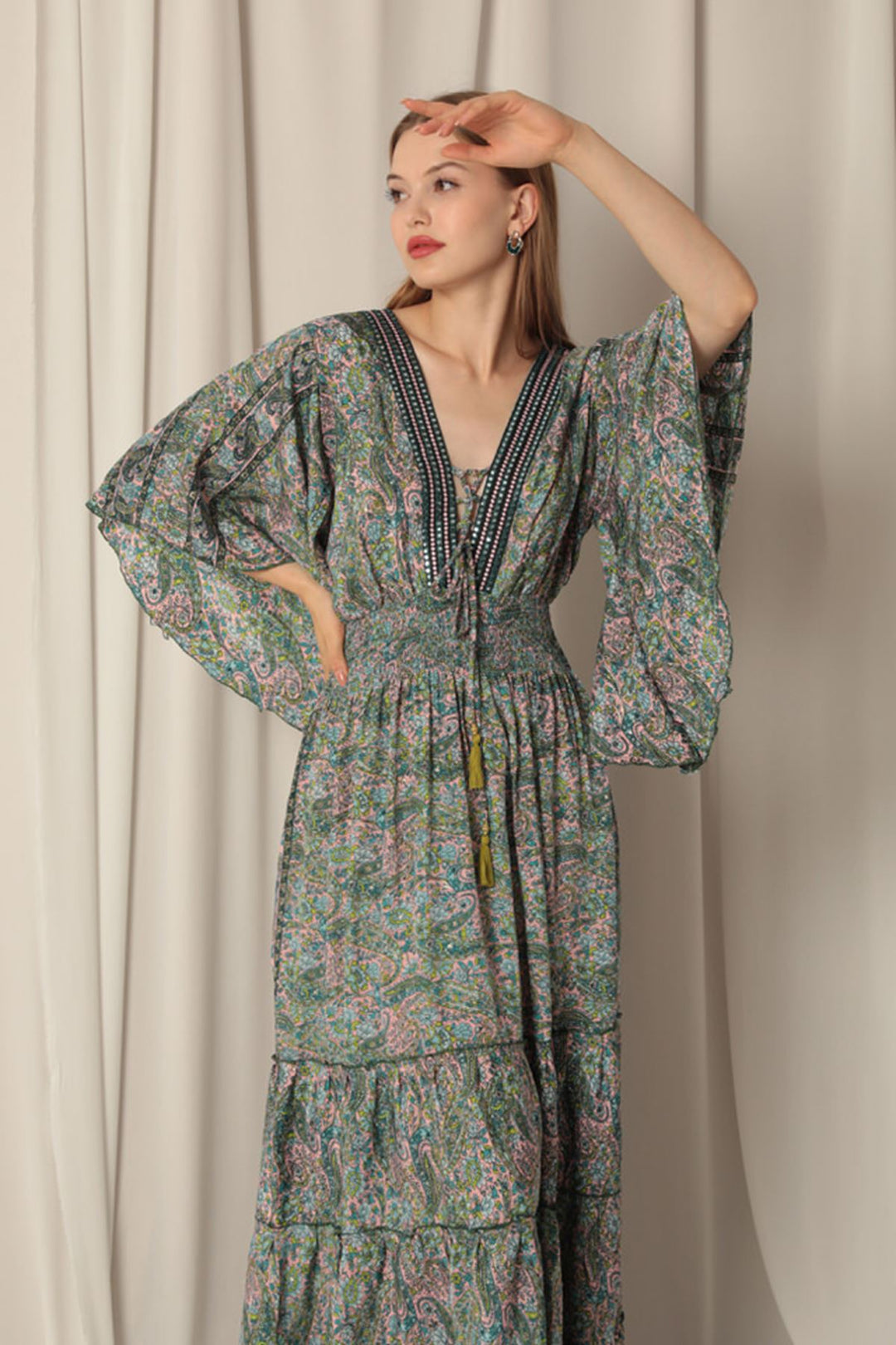 KKT Silk Fabric V Neck Gipel Long Pink Dress - Langenhagen