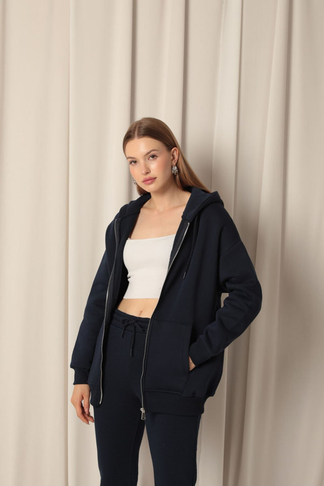 KKT Triple Yarn Kangaroo Pocket Zippered Hooded Women's Navy Blue Sweat - Gelsenkirchen