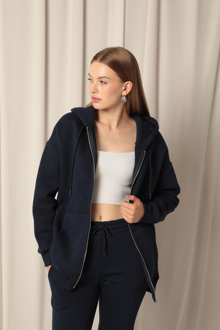 KKT Triple Yarn Kangaroo Pocket Zippered Hooded Women's Navy Blue Sweat - Gelsenkirchen