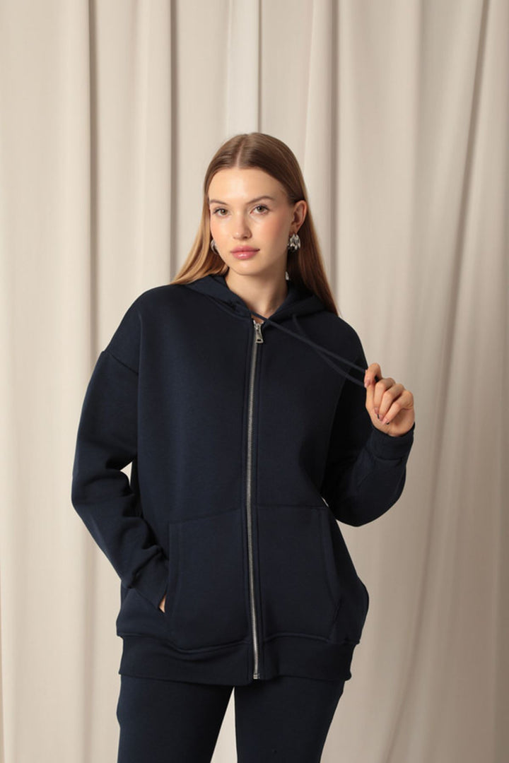KKT Triple Yarn Kangaroo Pocket Zippered Hooded Women's Navy Blue Sweat - Gelsenkirchen