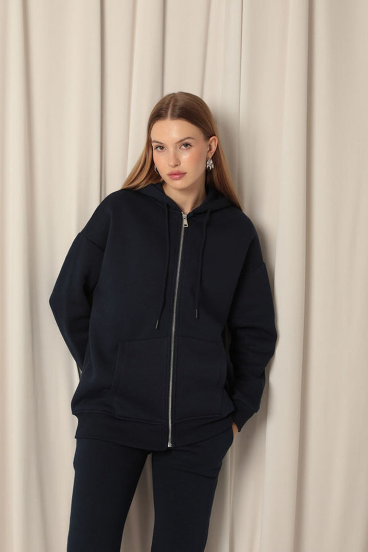 KKT Triple Yarn Kangaroo Pocket Zippered Hooded Women's Navy Blue Sweat - Gelsenkirchen