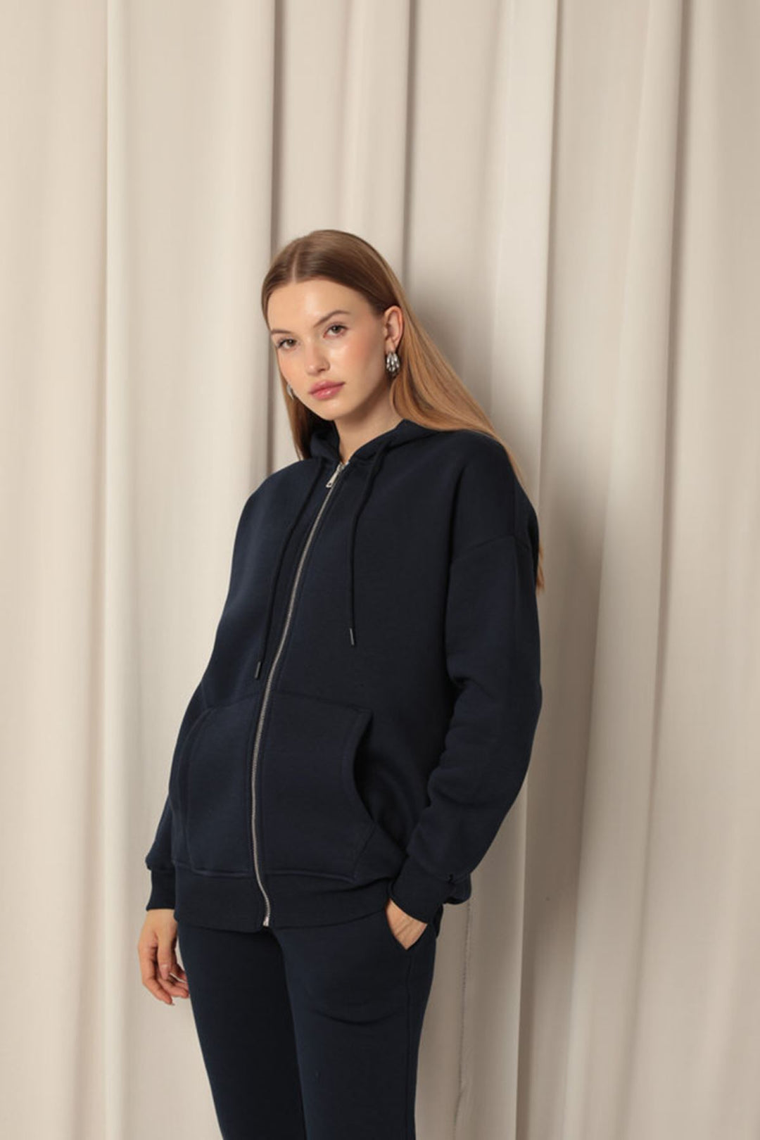 KKT Triple Yarn Kangaroo Pocket Zippered Hooded Women's Navy Blue Sweat - Gelsenkirchen