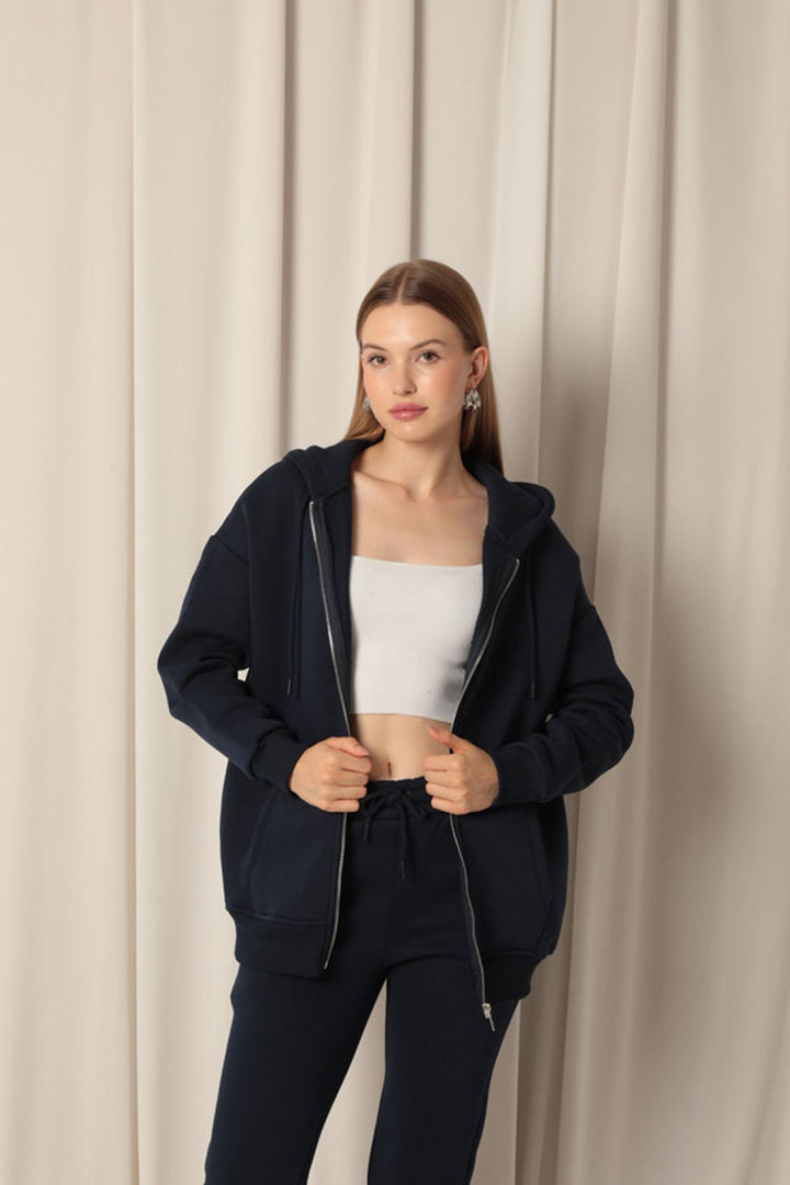 KKT Triple Yarn Kangaroo Pocket Zippered Hooded Women's Navy Blue Sweat - Gelsenkirchen