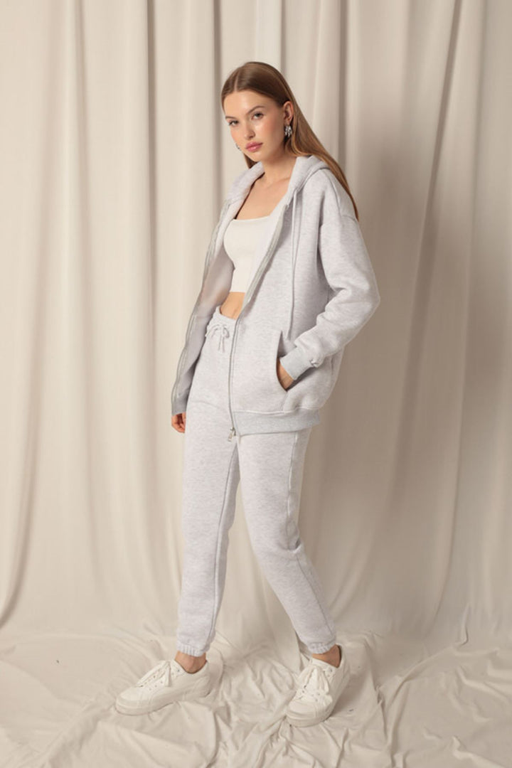 KKT Three Yarn Kangaroo Pocket Zipper Hooded Women's Gray Sweat - Lauderdale Lakes