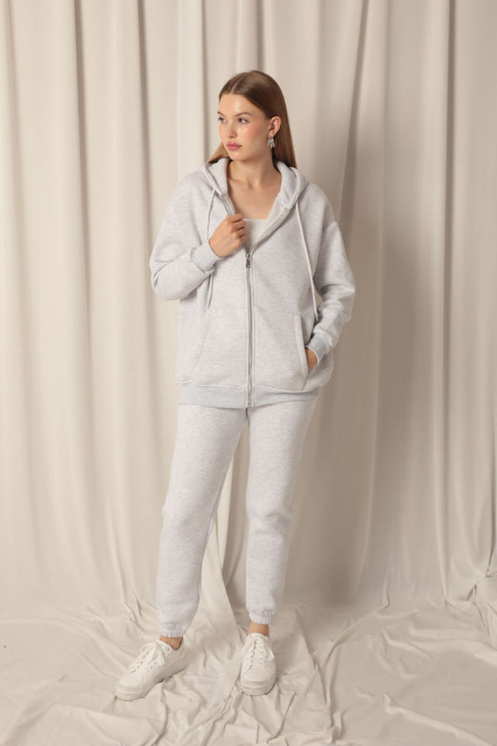 KKT Three Yarn Kangaroo Pocket Zipper Hooded Women's Gray Sweat - Lauderdale Lakes