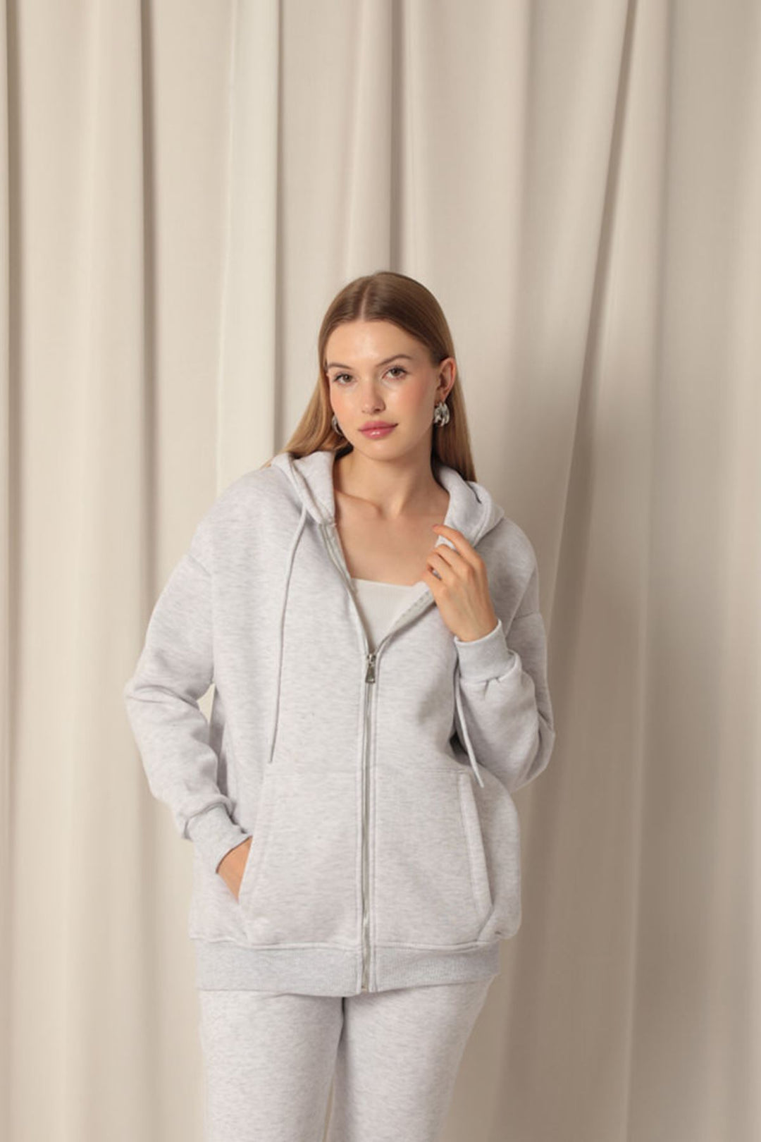 KKT Three Yarn Kangaroo Pocket Zipper Hooded Women's Gray Sweat - Lauderdale Lakes