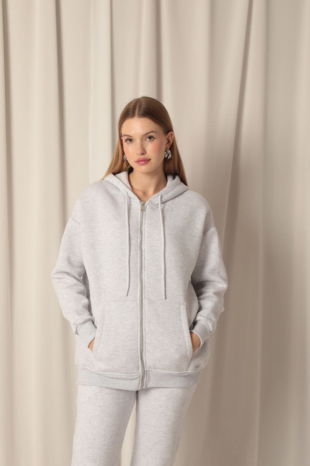 KKT Three Yarn Kangaroo Pocket Zipper Hooded Women's Gray Sweat - Lauderdale Lakes