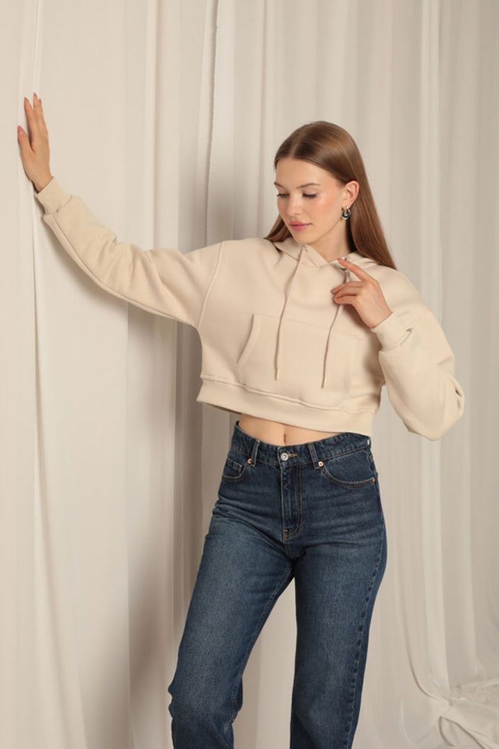 KKT Three Thread Fabric Hooded Short Women's Beige Sweat - Miercurea-Ciuc