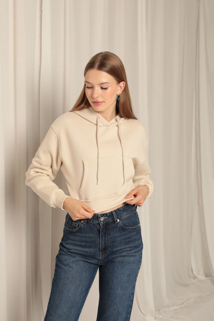 KKT Three Thread Fabric Hooded Short Women's Beige Sweat - Miercurea-Ciuc