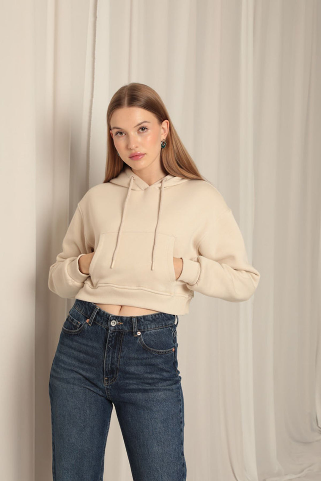 KKT Three Thread Fabric Hooded Short Women's Beige Sweat - Miercurea-Ciuc