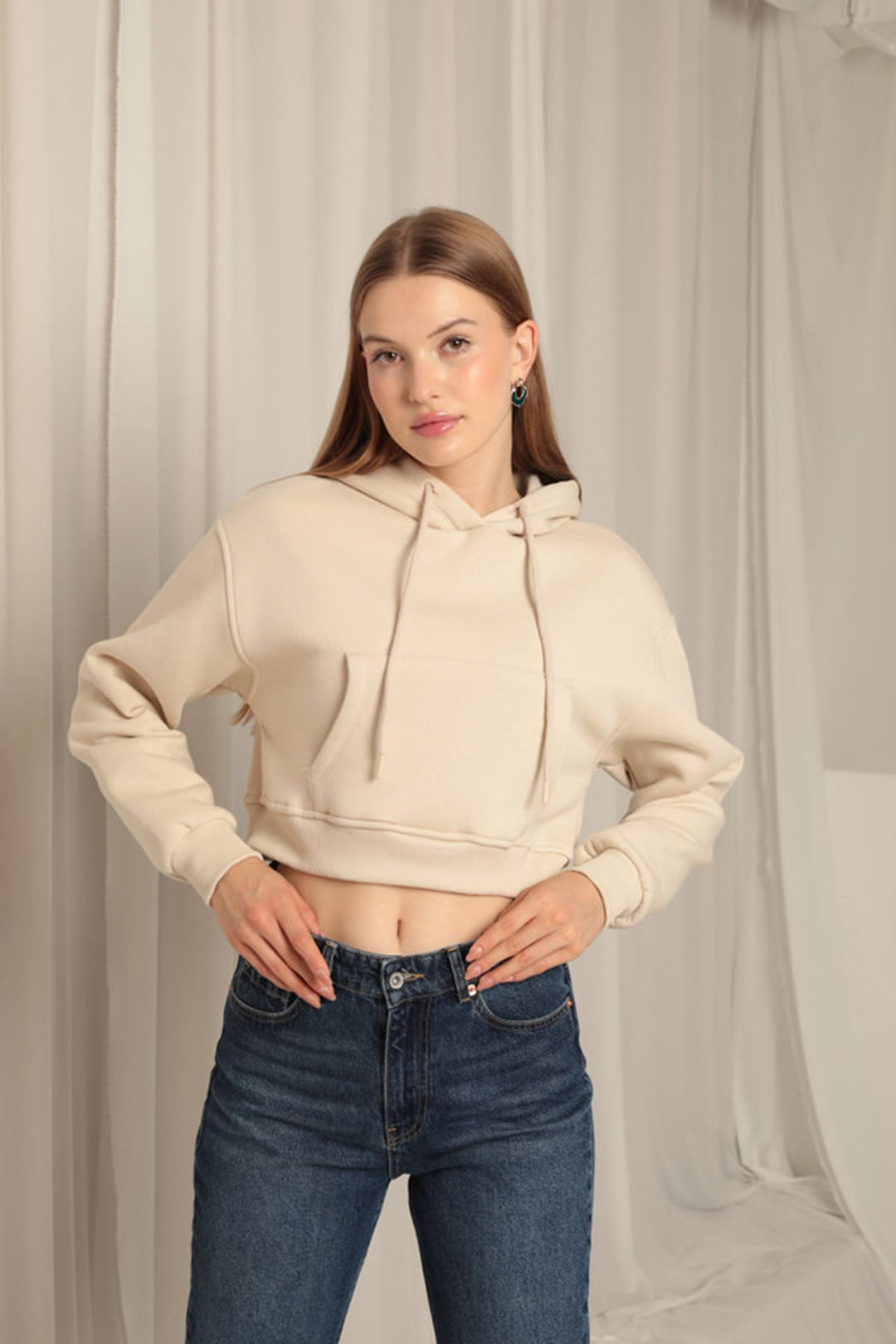 KKT Three Thread Fabric Hooded Short Women's Beige Sweat - Miercurea-Ciuc