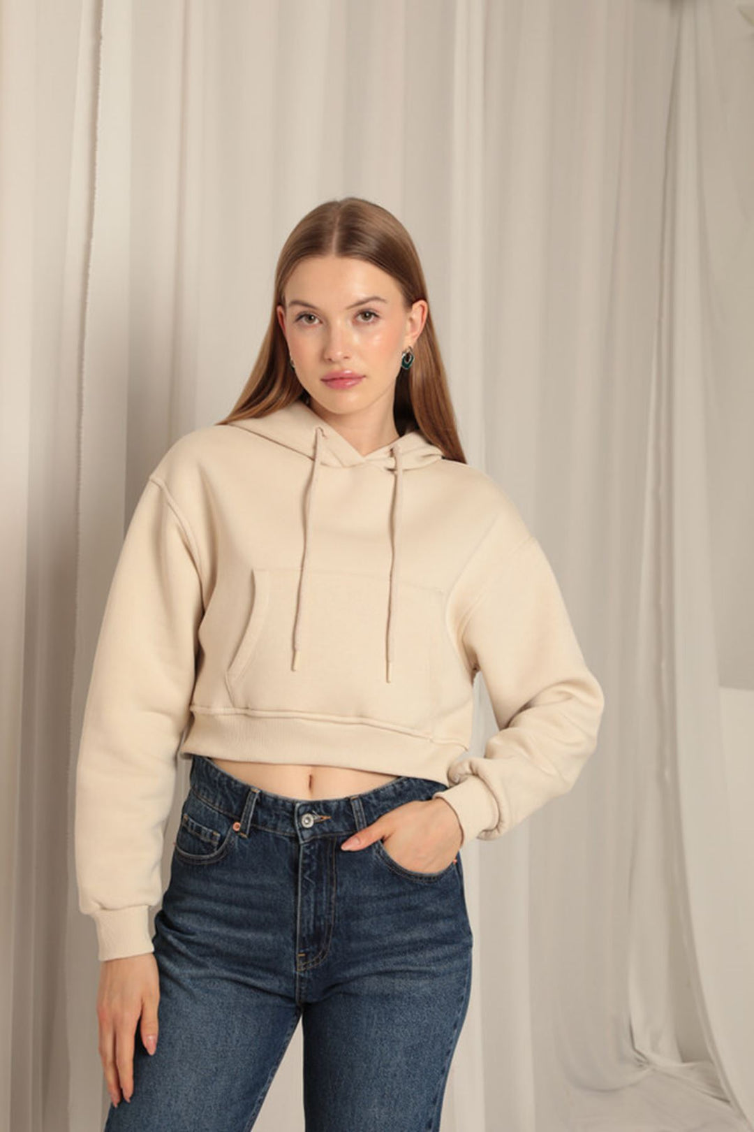 KKT Three Thread Fabric Hooded Short Women's Beige Sweat - Miercurea-Ciuc