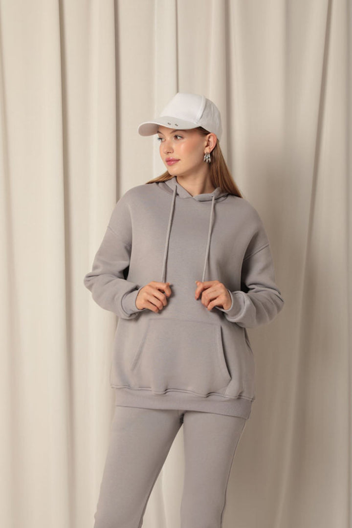 KKT Three Yarn Fabric Kangaroo Pocket Hooded Women's Gray Sweat - Neubrandenburg