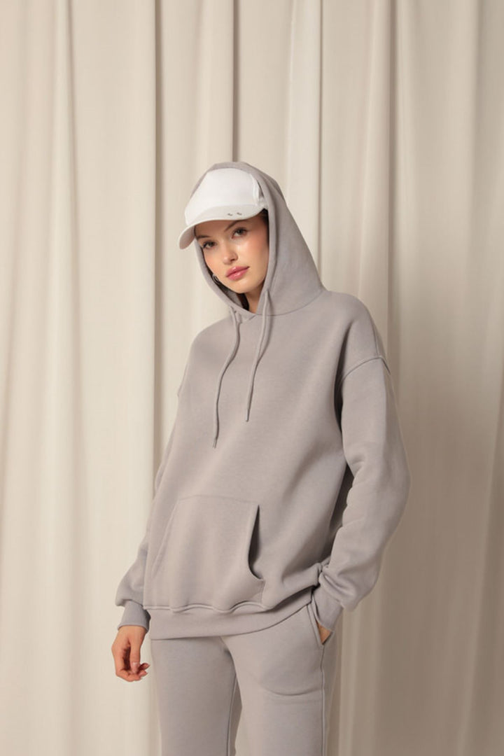 KKT Three Yarn Fabric Kangaroo Pocket Hooded Women's Gray Sweat - Neubrandenburg