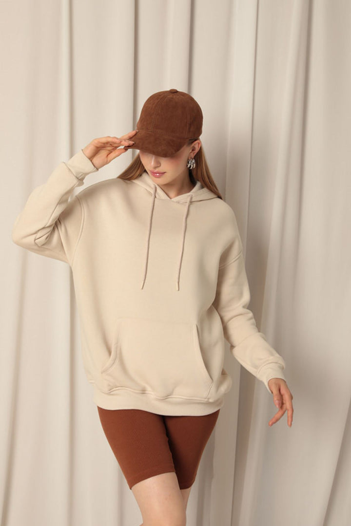 KKT Three Thread Kangaroo Pocket Women's Hooded Beige Sweater - Queluz