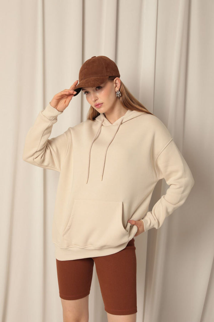 KKT Three Thread Kangaroo Pocket Women's Hooded Beige Sweater - Queluz