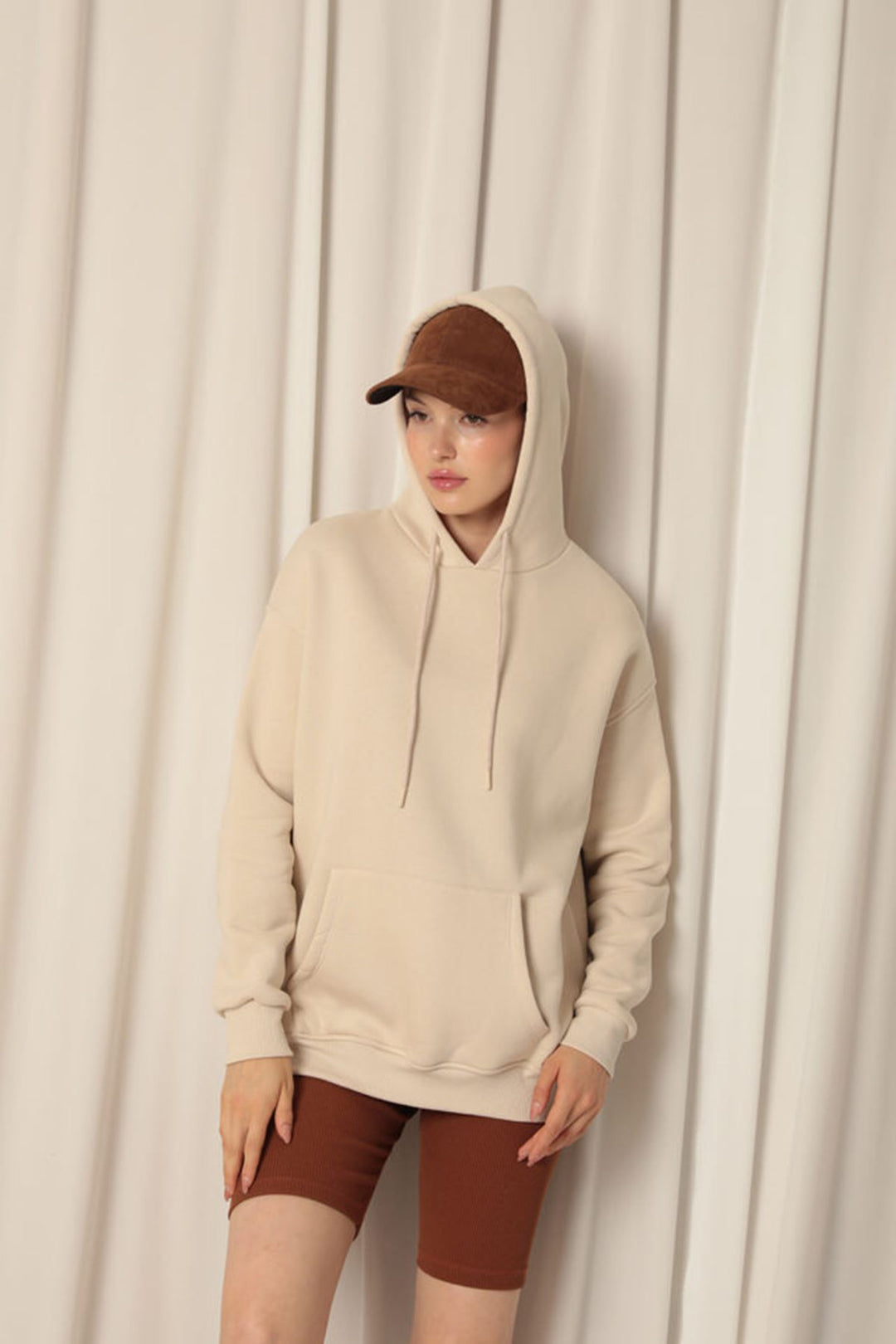 KKT Three Thread Kangaroo Pocket Women's Hooded Beige Sweater - Queluz