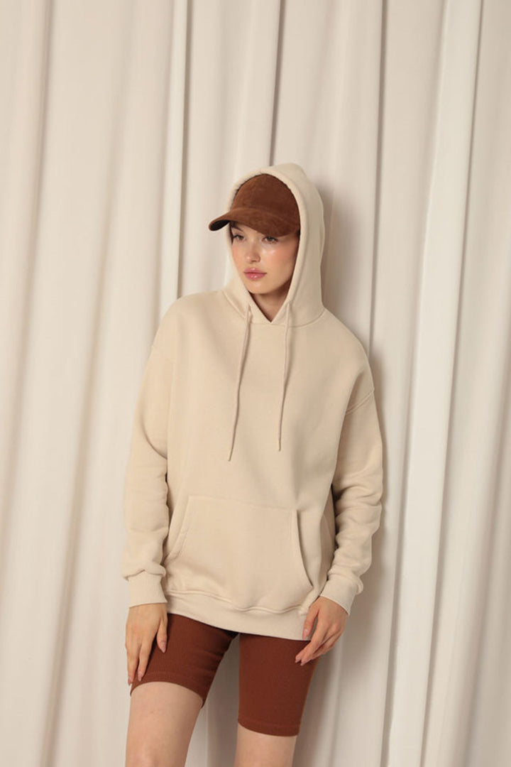 KKT Three Thread Kangaroo Pocket Women's Hooded Beige Sweater - Queluz