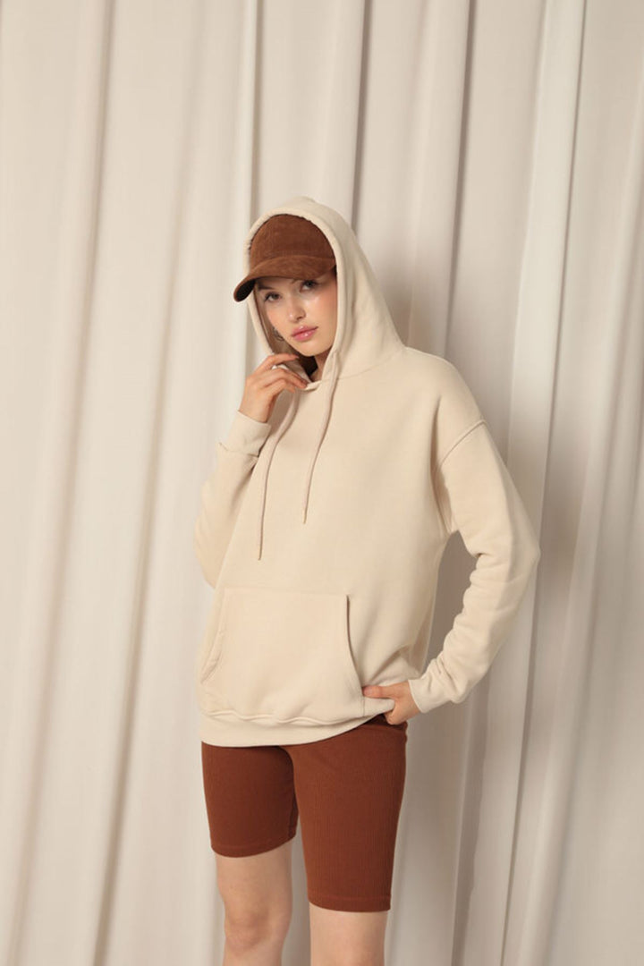 KKT Three Thread Kangaroo Pocket Women's Hooded Beige Sweater - Queluz
