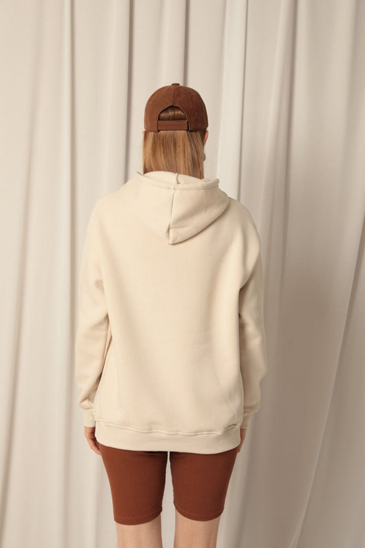 KKT Three Thread Kangaroo Pocket Women's Hooded Beige Sweater - Queluz
