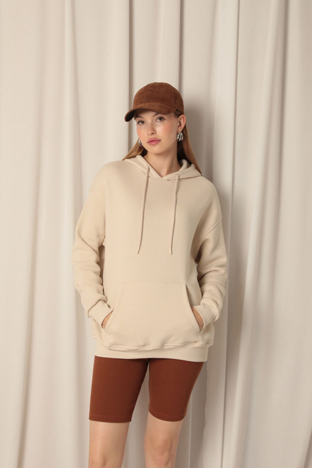 KKT Three Thread Kangaroo Pocket Women's Hooded Beige Sweater - Queluz