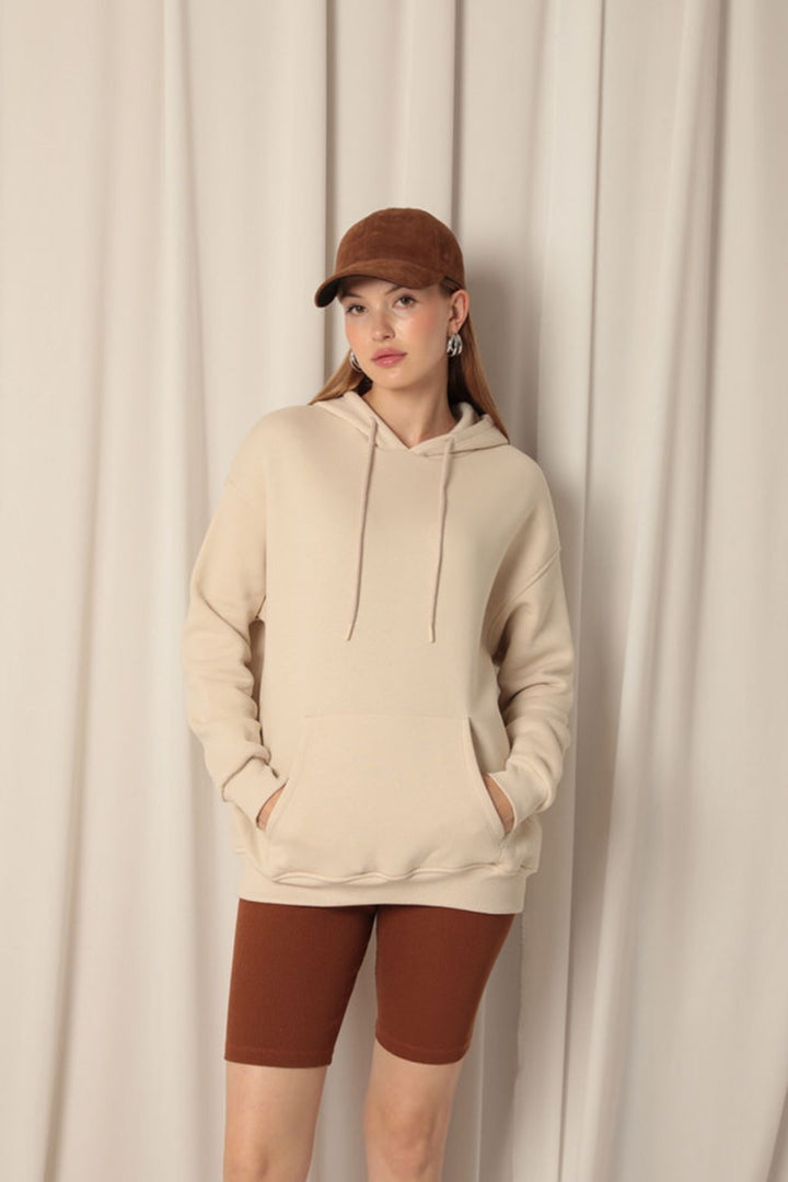 KKT Three Thread Kangaroo Pocket Women's Hooded Beige Sweater - Queluz