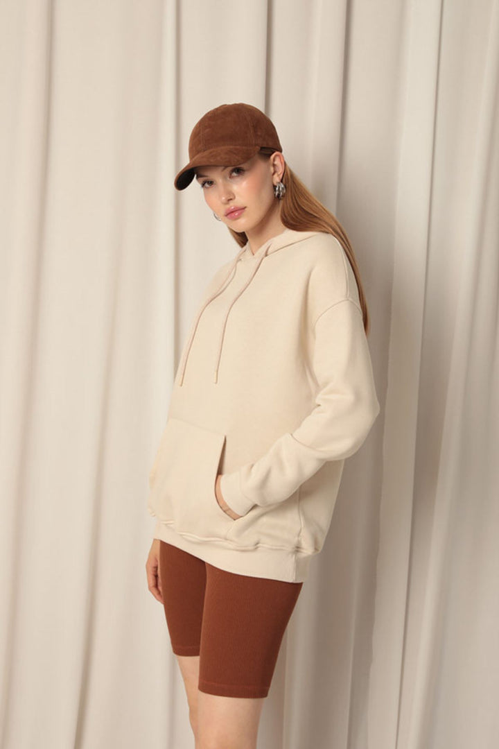 KKT Three Thread Kangaroo Pocket Women's Hooded Beige Sweater - Queluz