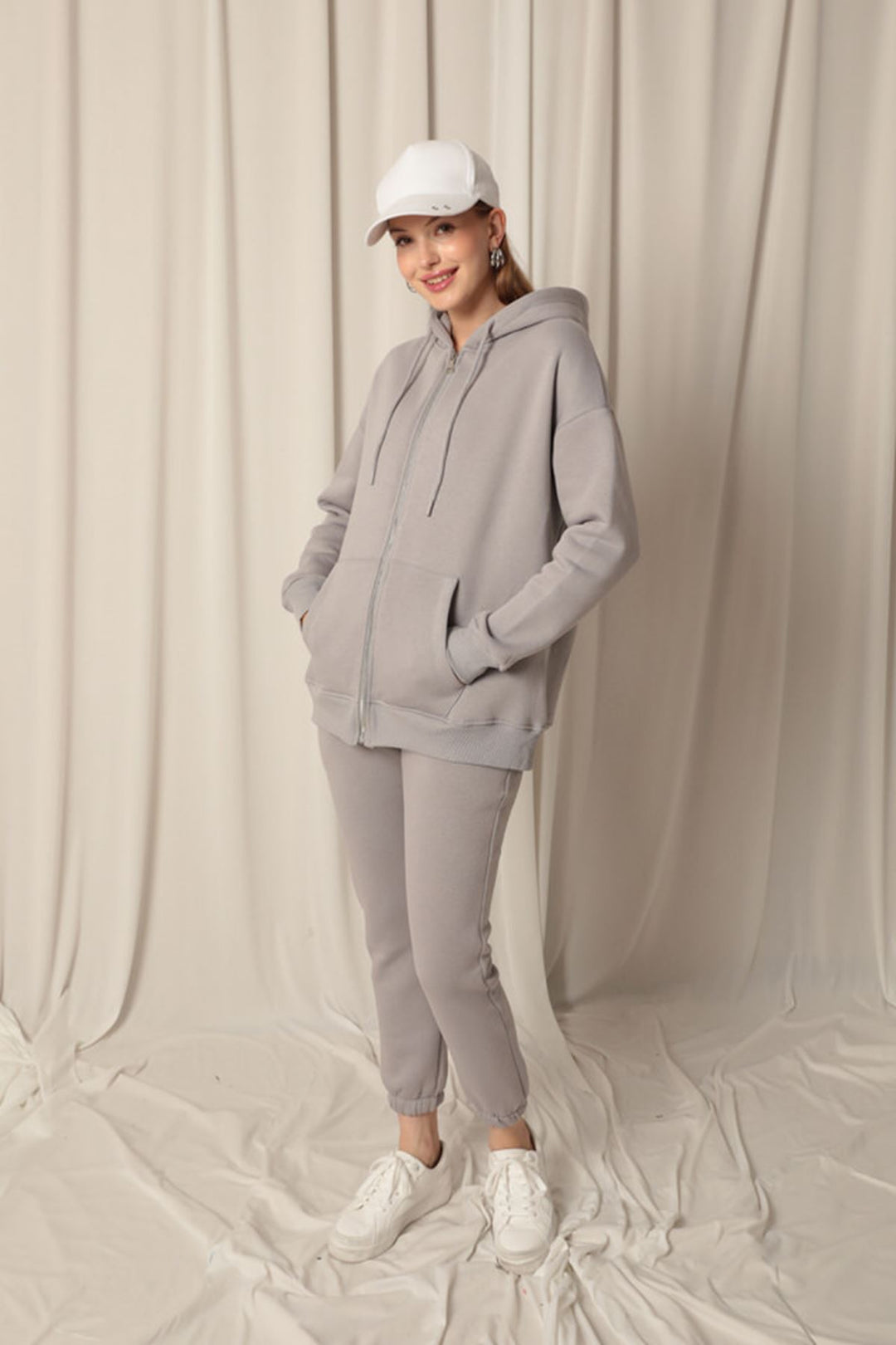 KKT Triple Yarn Kangaroo Pocket Zippered Hooded Women's Dark Gray Sweat - Vinnytsia