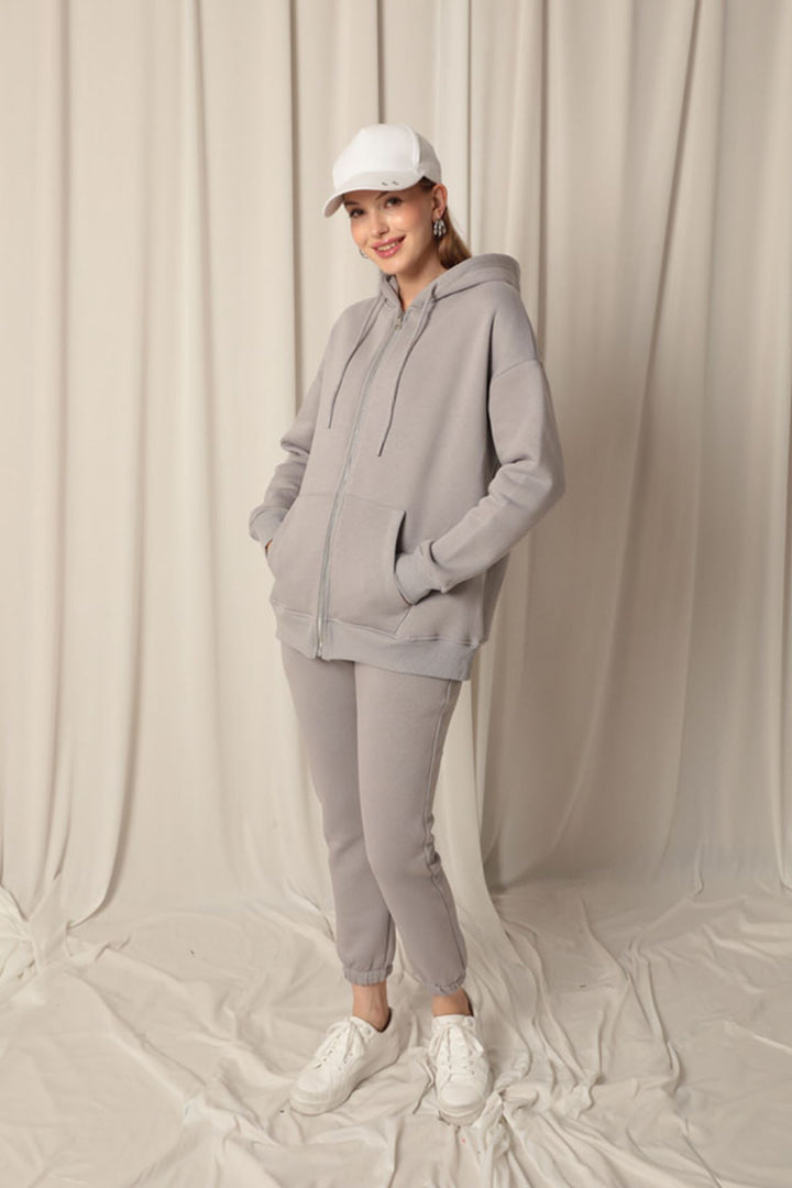KKT Triple Yarn Kangaroo Pocket Zippered Hooded Women's Dark Gray Sweat - Vinnytsia