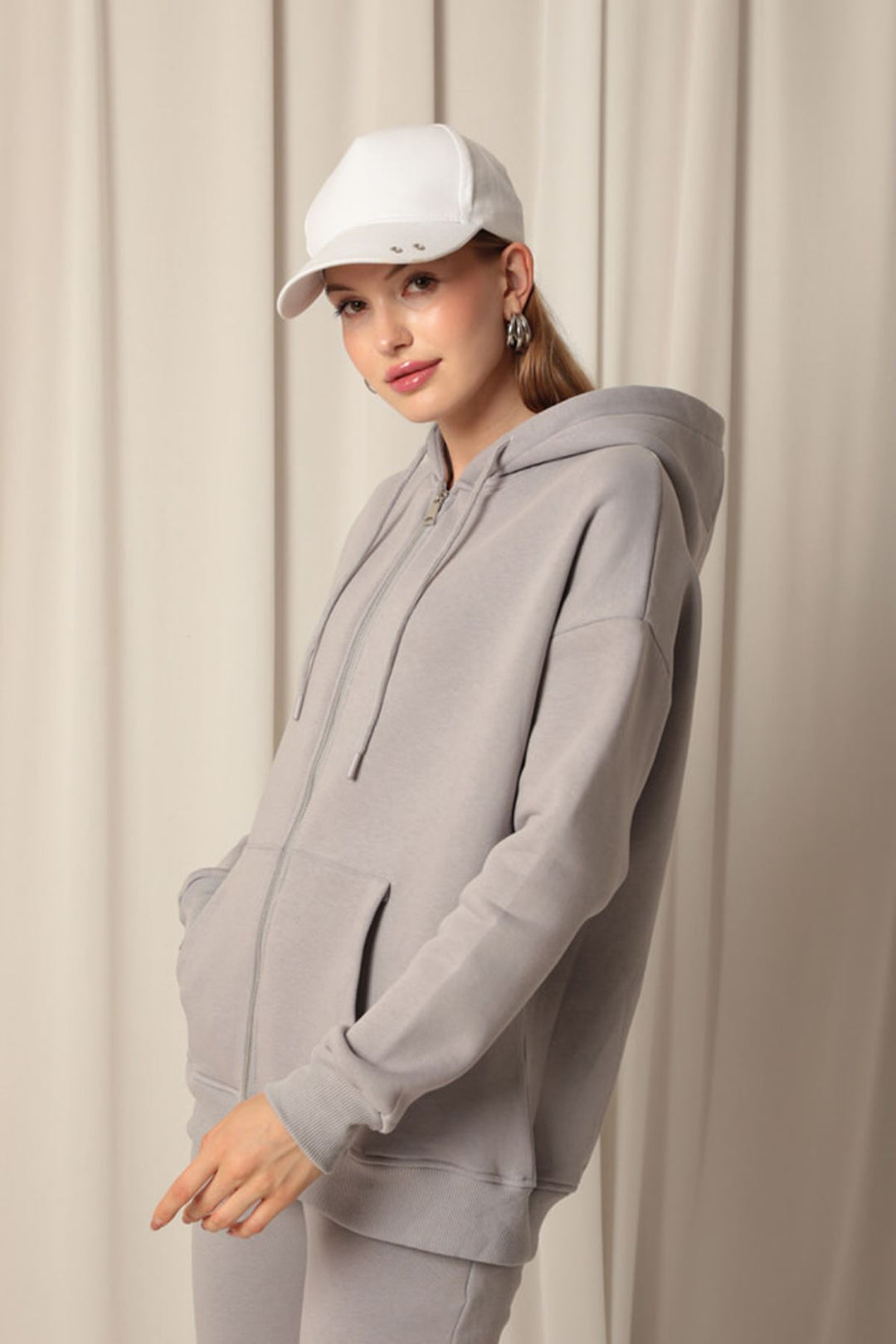 KKT Triple Yarn Kangaroo Pocket Zippered Hooded Women's Dark Gray Sweat - Vinnytsia