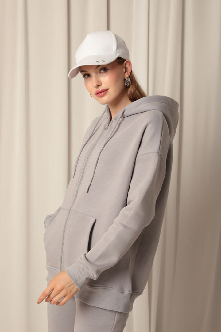 KKT Triple Yarn Kangaroo Pocket Zippered Hooded Women's Dark Gray Sweat - Vinnytsia