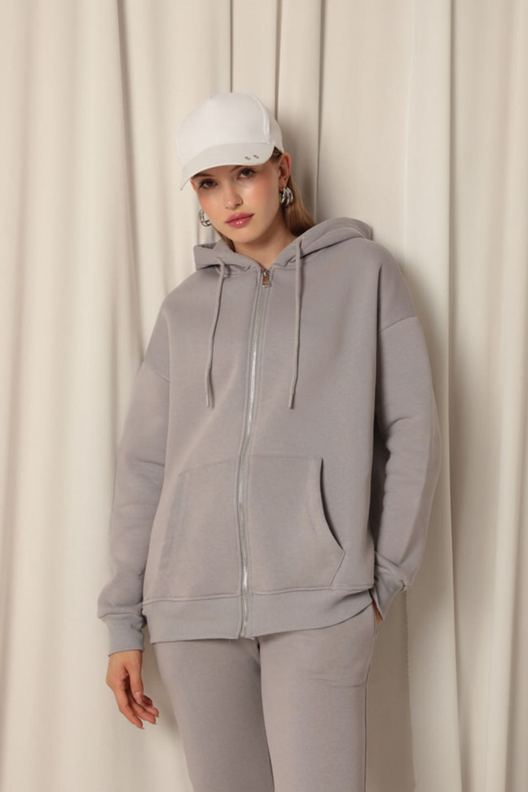 KKT Triple Yarn Kangaroo Pocket Zippered Hooded Women's Dark Gray Sweat - Vinnytsia