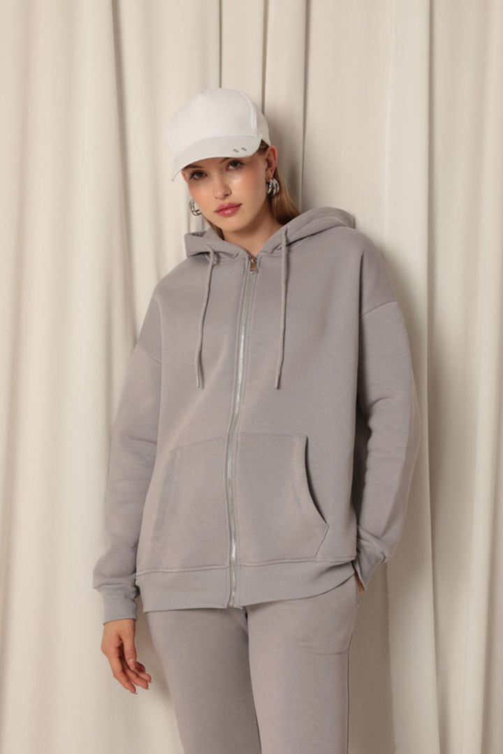 KKT Triple Yarn Kangaroo Pocket Zippered Hooded Women's Dark Gray Sweat - Vinnytsia