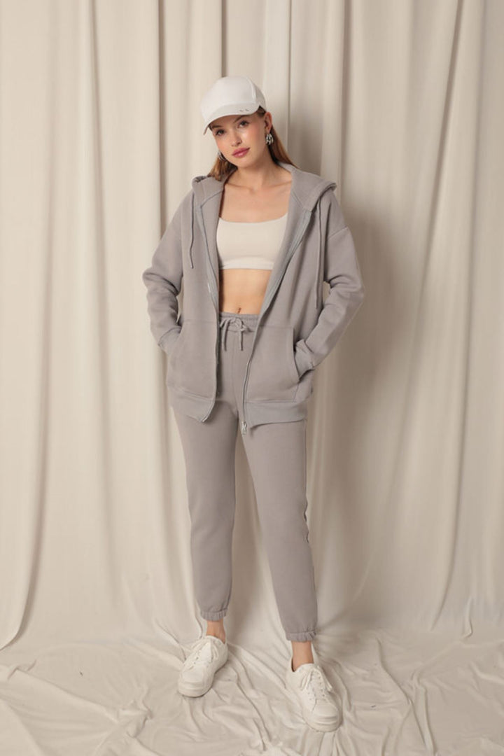 KKT Triple Yarn Kangaroo Pocket Zippered Hooded Women's Dark Gray Sweat - Vinnytsia