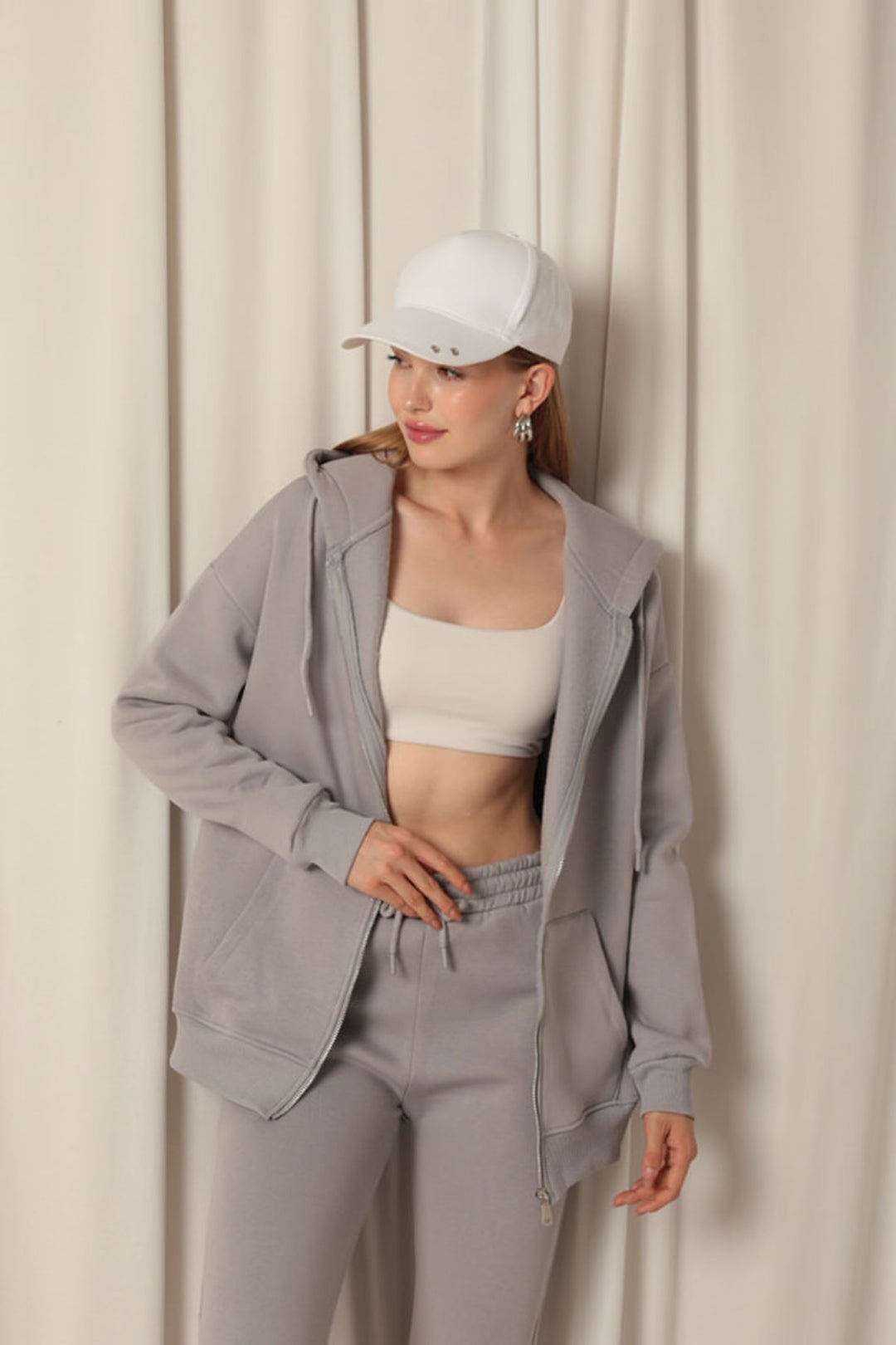 KKT Triple Yarn Kangaroo Pocket Zippered Hooded Women's Dark Gray Sweat - Vinnytsia