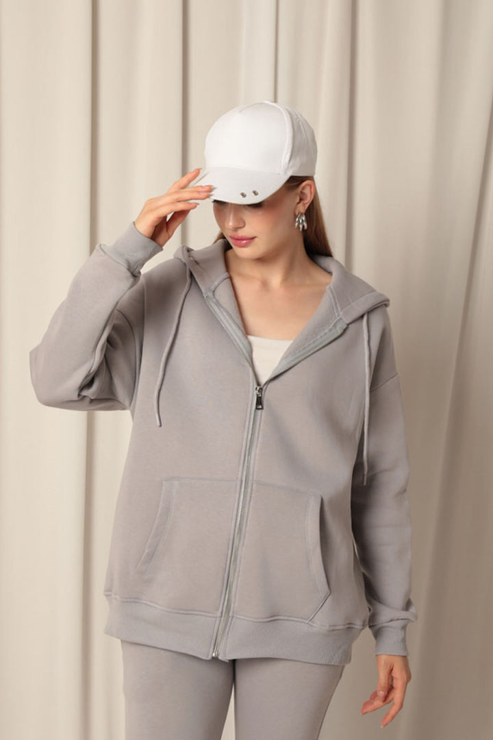 KKT Triple Yarn Kangaroo Pocket Zippered Hooded Women's Dark Gray Sweat - Vinnytsia