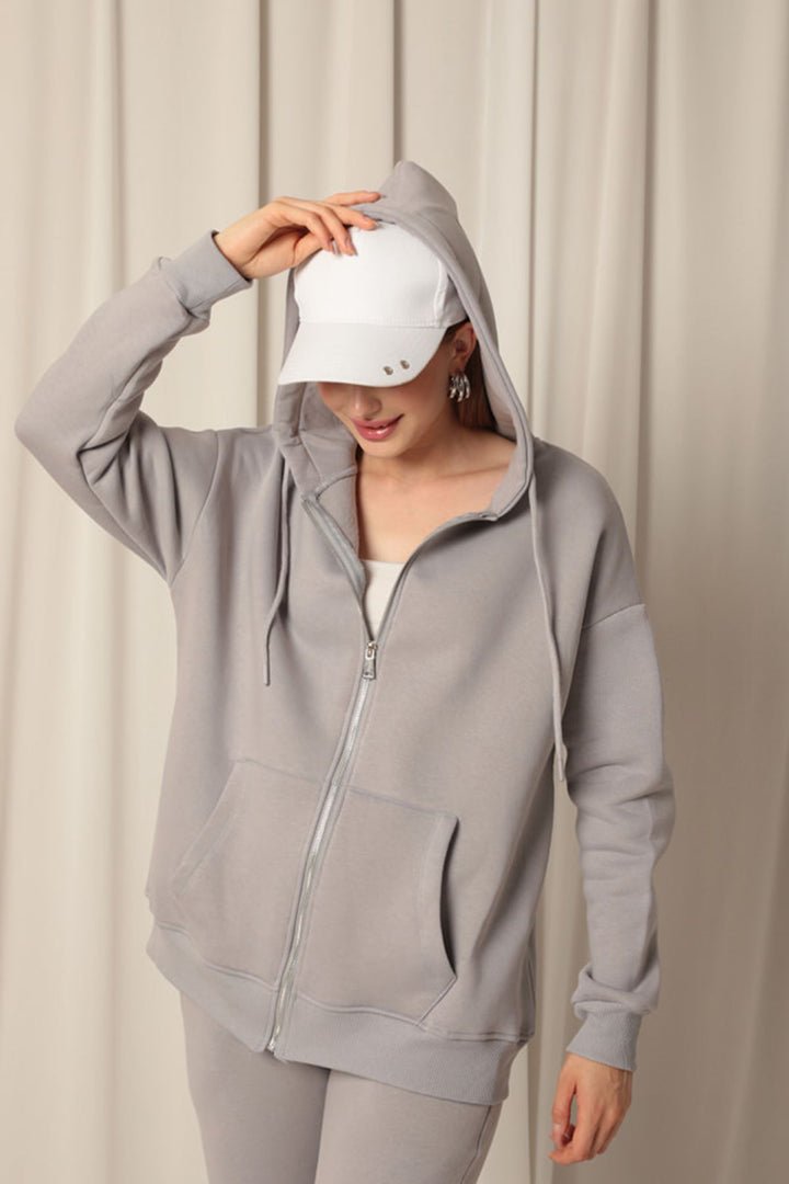 KKT Triple Yarn Kangaroo Pocket Zippered Hooded Women's Dark Gray Sweat - Vinnytsia