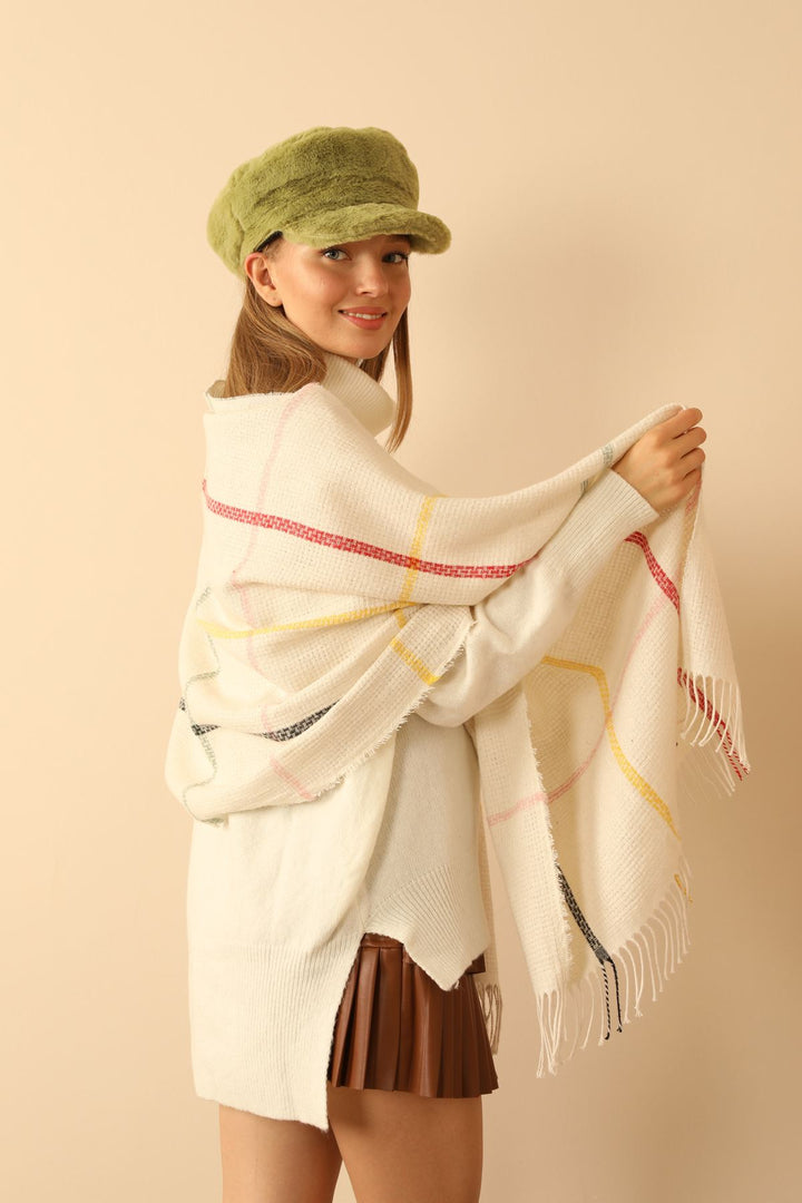 KKT Soft Texture Square Striped Women's Ecru Shoulder Shawl Scarf - Lincoln Park