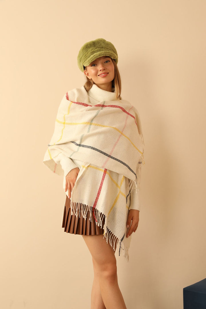 KKT Soft Texture Square Striped Women's Ecru Shoulder Shawl Scarf - Lincoln Park