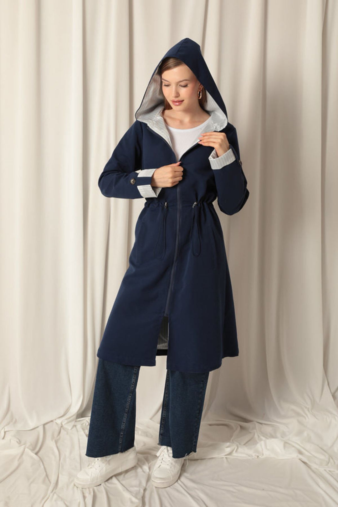 KKT Torino Fabric Striped Hooded Women's Navy Blue Raincoat - Rincón de Romos