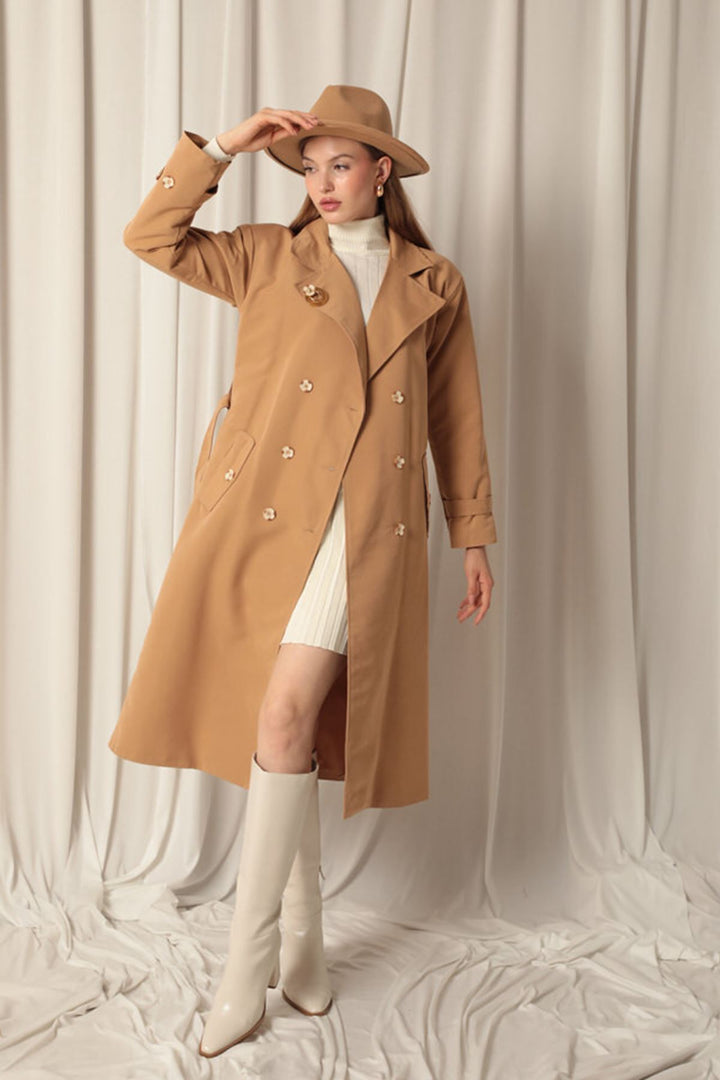 KKT Maxi Length Women's Tan Trench Coat - Huehuetoca