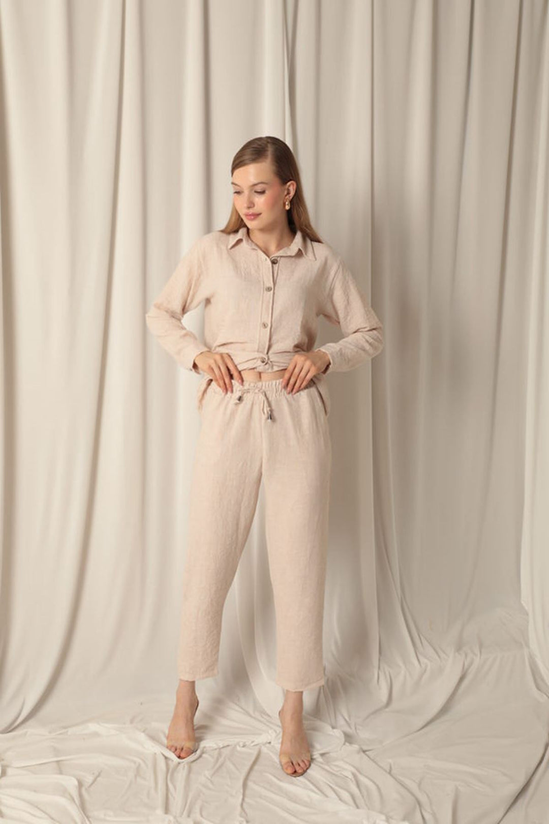 KKT Linen Fabric Shirt Trousers Women Stone Suit - Woodstock