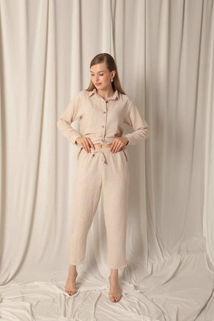 KKT Linen Fabric Shirt Trousers Women Stone Suit - Woodstock