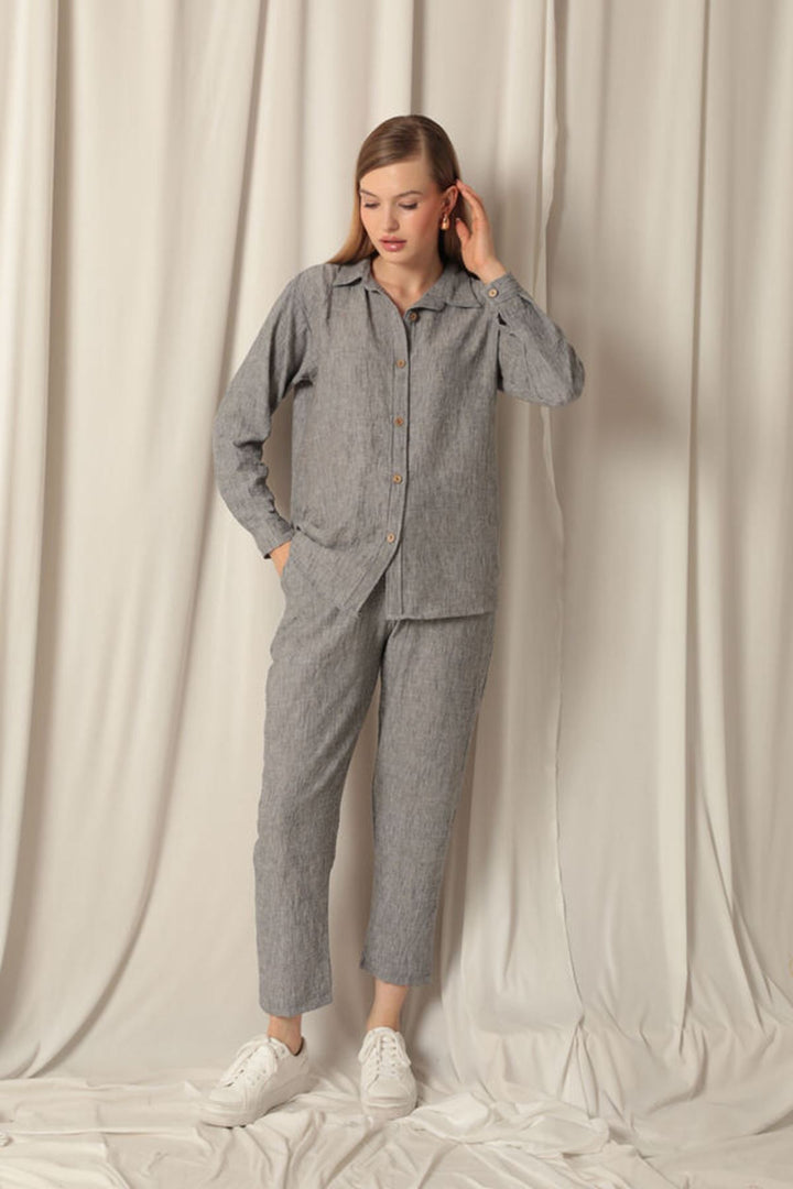 KKT Linen Fabric Shirt Trousers Women's Gray Suit - Eberswalde