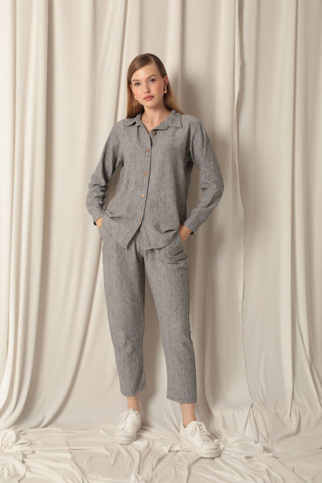 KKT Linen Fabric Shirt Trousers Women's Gray Suit - Eberswalde