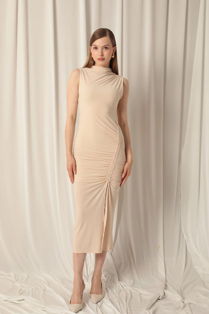 KKT Sandy Fabric Turtleneck Maxi Women Beige Dress - Delta