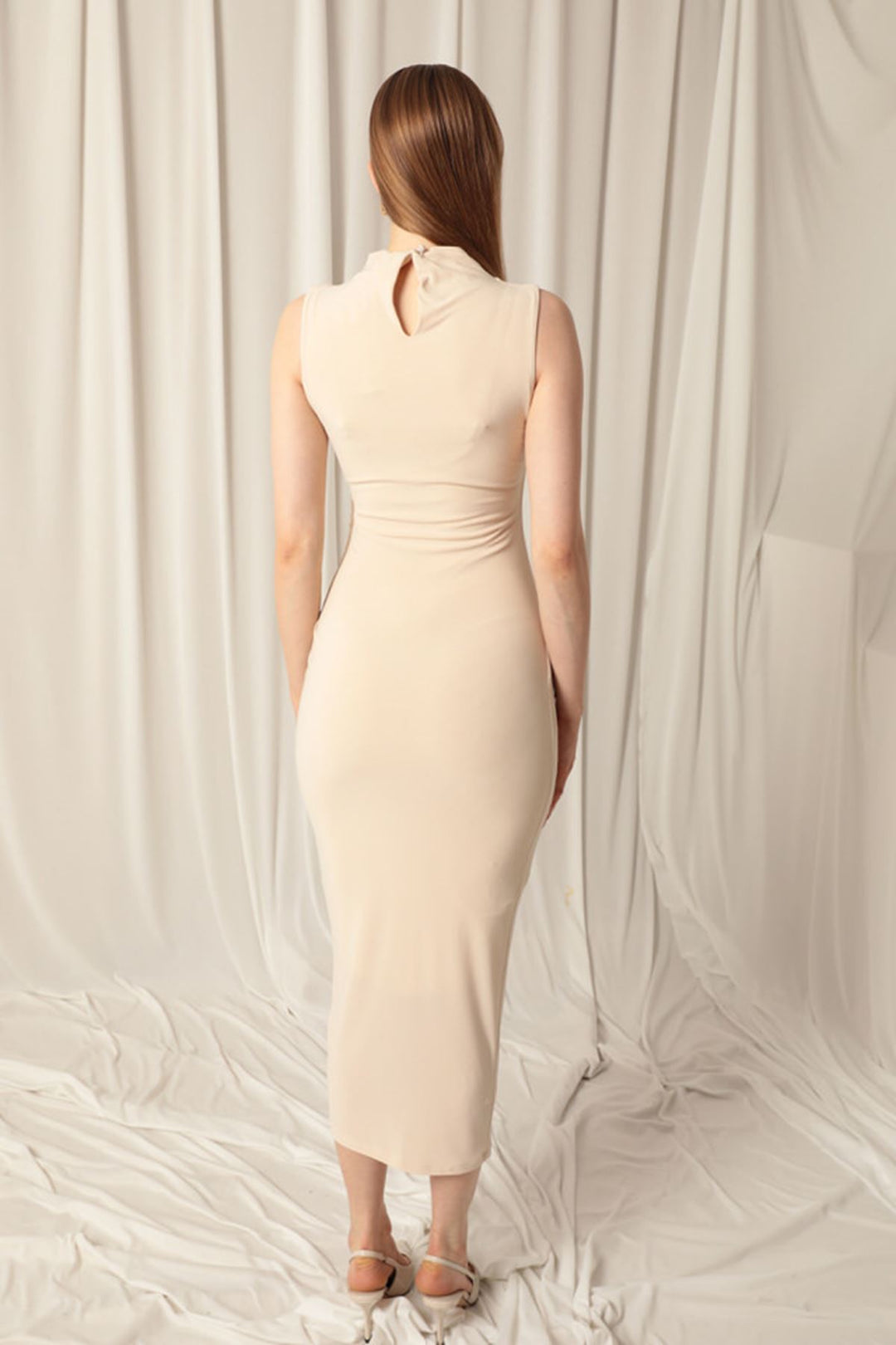 KKT Sandy Fabric Turtleneck Maxi Women Beige Dress - Delta