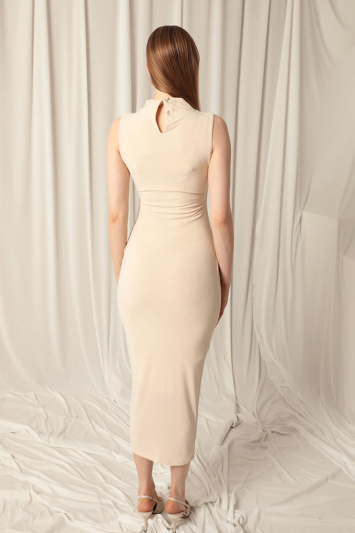 KKT Sandy Fabric Turtleneck Maxi Women Beige Dress - Delta