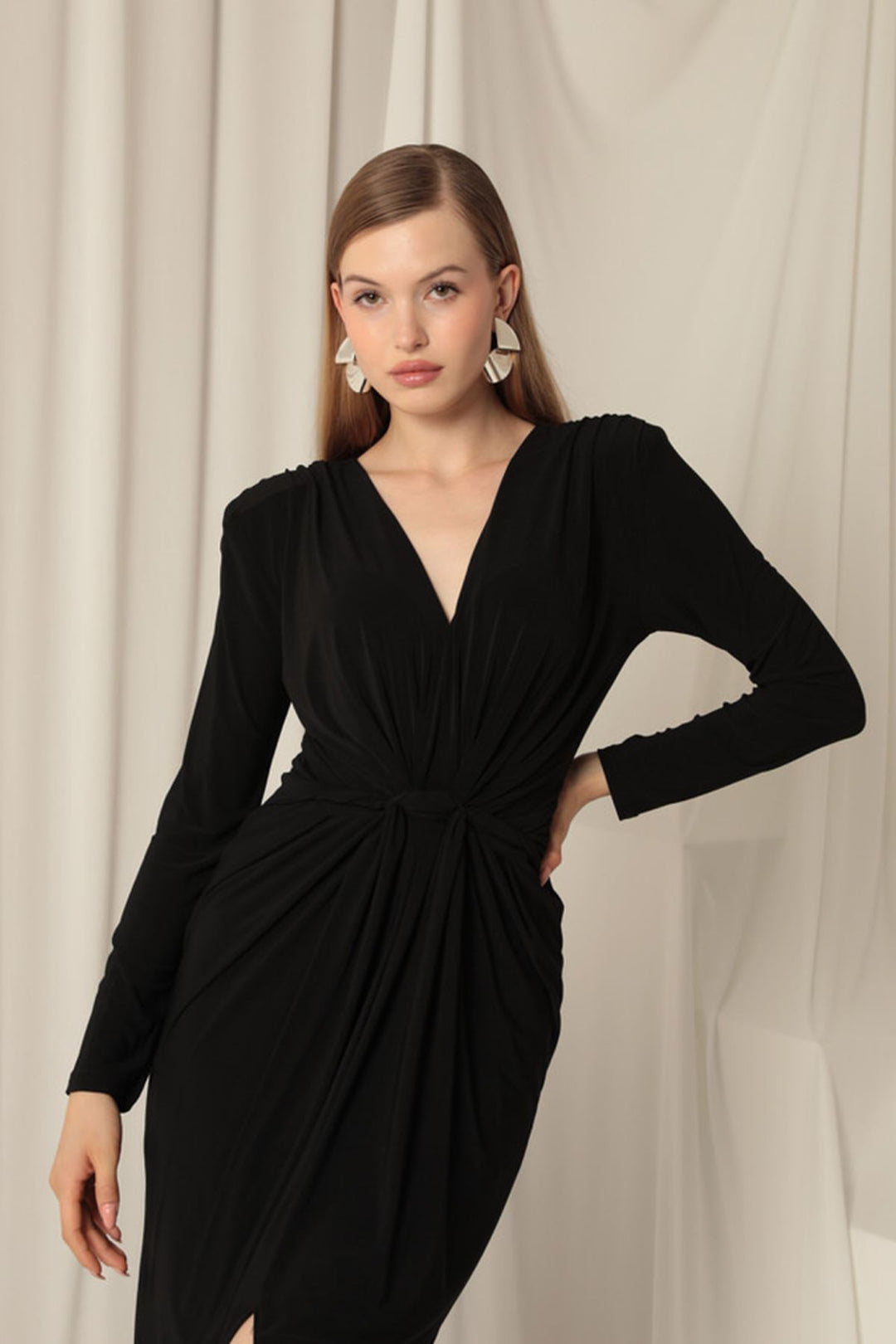 KKT Sandy Fabric Front Twist Detail Women's Black Dress - Danville