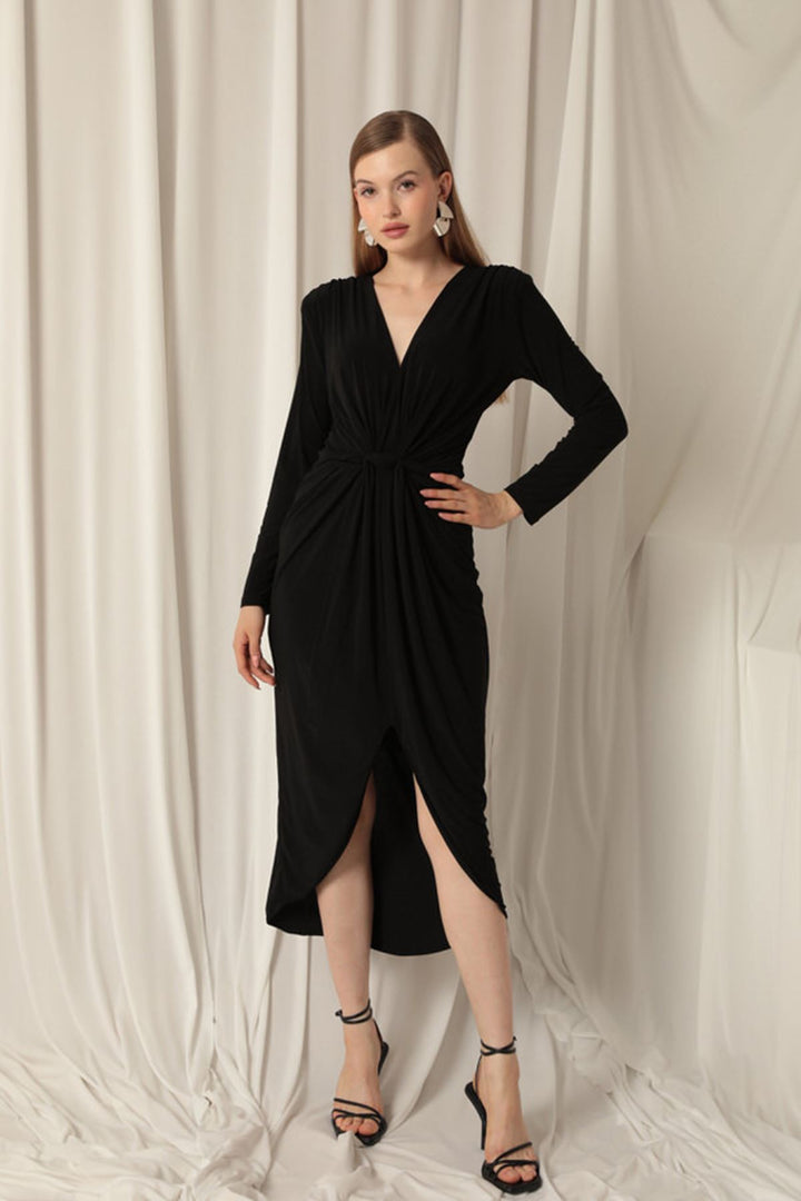 KKT Sandy Fabric Front Twist Detail Women's Black Dress - Danville